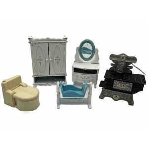 Vintage Dollhouse Furniture Wardrobe Toilet Dresser Cradle Stove 1980 Mattel